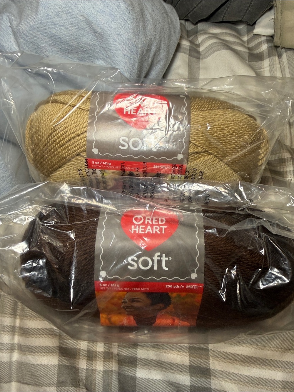 Red Heart Soft Yarn Duo in wheat and Dark Brown